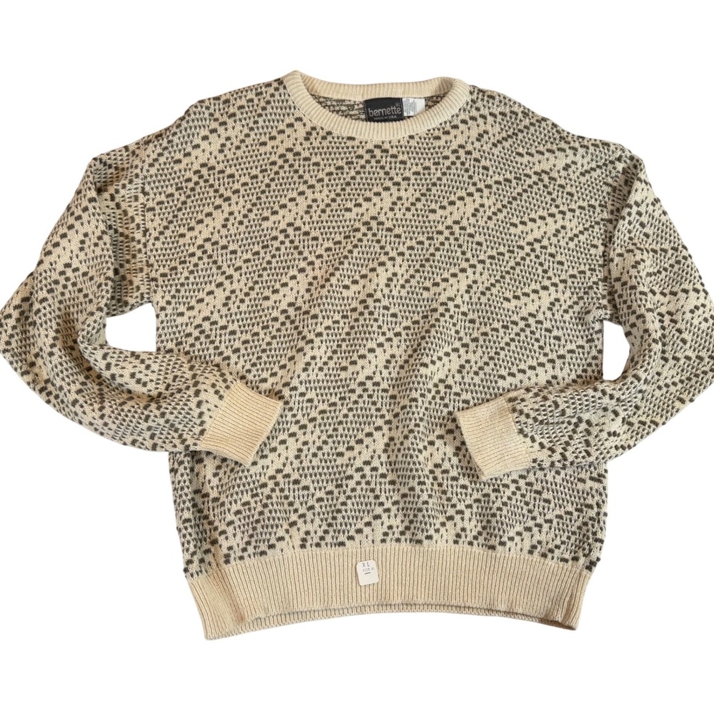 Vtg 90s Cream Geometric Pattern Crewneck Sweater XL Grandpa Indie Nordic Indie